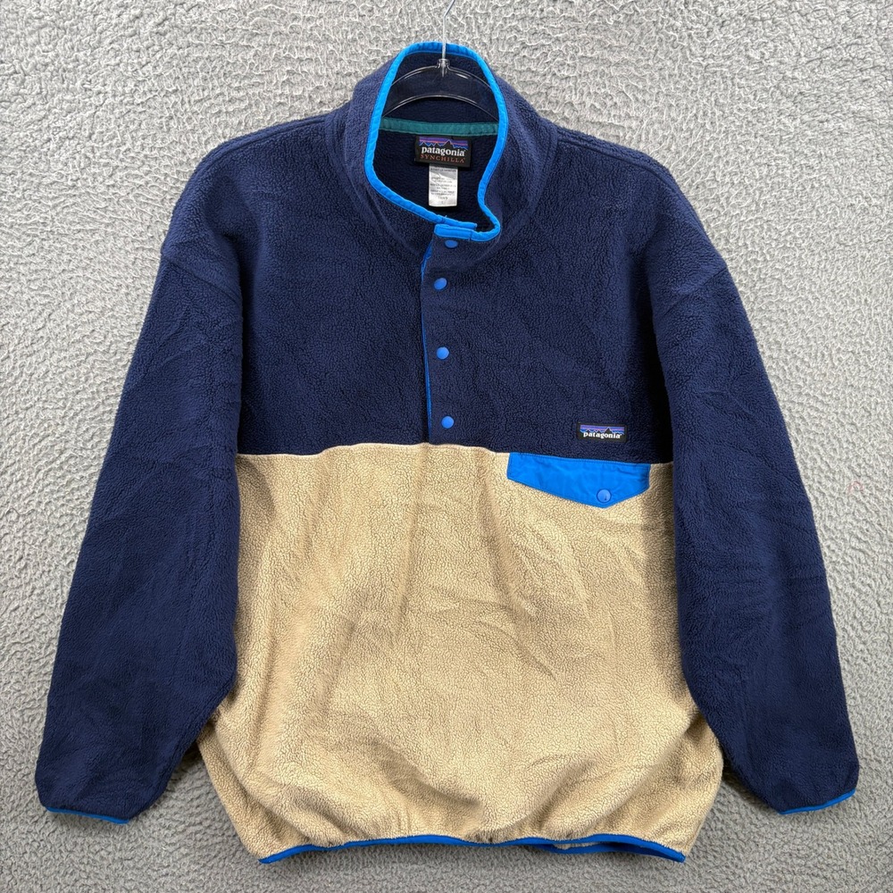 Patagonia Synchilla Snap-T Pullover Mens Large Blue Tan Fleece Sweater Outdoor